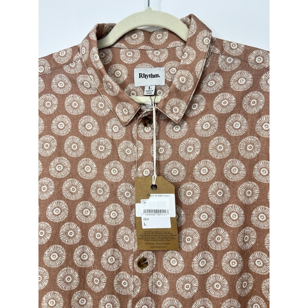 Rhythm Linen Shirt Mens Large Beige Floral Button Cast Ochre Short Sleeves NWT